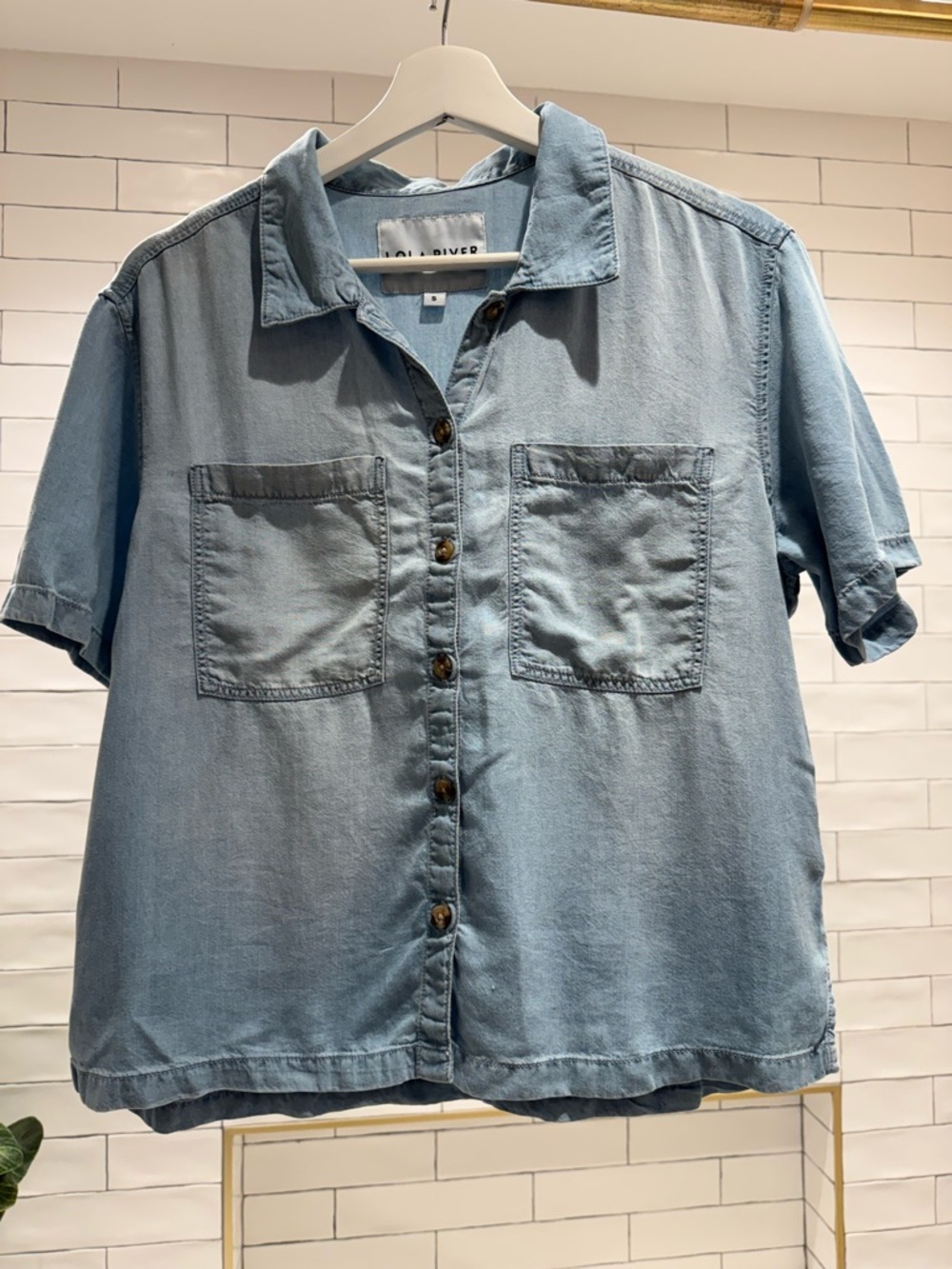 Chambray, short sleeved, Super Soft  blouse.